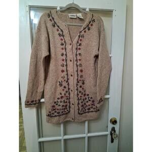 Northern Reflections Tan Button Up Floral Sweater Beautiful VINTAGE H1